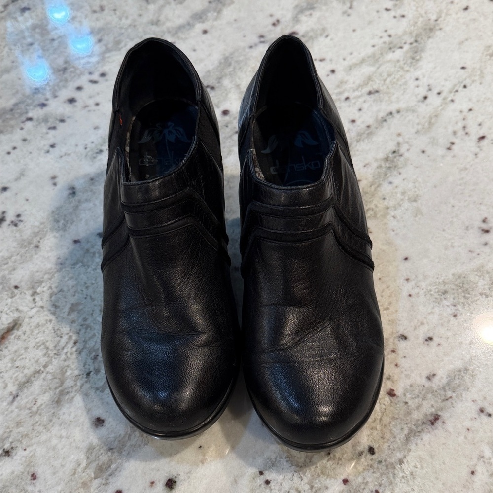 Dansko Black Leather Slip-On Heeled Booties